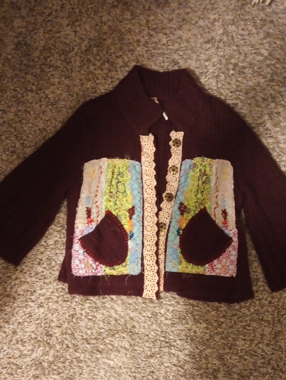 Free People Boho Patchwork Cardigan - Burgundy with Multicolor Pockets Sz M
